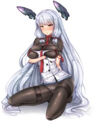 alternate_breast_size arm_behind_back bangs between_breasts black_legwear blue_hair blunt_bangs blush breast_hold breasts brown_eyes eyebrows eyebrows_visible_through_hair female fingerless_gloves full_body gloves headgear kantai_collection large_breasts long_hair looking_at_viewer murakumo_(kantai_collection) necktie necktie_between_breasts panties panties_under_pantyhose pantyhose shirt short_sleeves simple_background skindentation solo squatting thighband_pantyhose underwear untsue very_long_hair white_background white_gloves