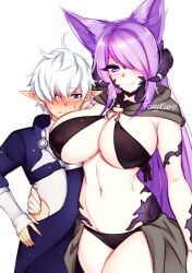 alphinaud_leveilleur au_ra big_breasts bigger_female bikini black_bikini black_swimsuit black_swimwear blue_eyes blush blushing dirtykuro elezen elf elf_boy elf_ears elf_male final_fantasy final_fantasy_xiv fox fox_ear fox_ears fox_tail foxgirl foxykuro hair_covering_eye hair_covering_one_eye hair_over_one_eye kuro_(foxykuro) large_breast large_breasts larger_female long_hair long_purple_hair pointy_ears purple_eyes purple_hair size_difference smaller_male smile swimsuit swimwear white_hair xaela