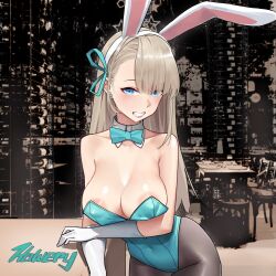 animal_ears aqua_leotard areolae arm_under_breasts asuna_(blue_archive) asuna_(bunny)_(blue_archive) asymmetrical_bangs bangs blue_archive blue_bow blue_bowtie blue_eyes blue_leotard bow bowtie breasts brown_legwear bunny_ears cleavage collarbone covered_navel covered_nipples detached_collar ear_piercing elbow_gloves fake_animal_ears female gloves grin hair_over_one_eye hair_ribbon halo highleg highleg_leotard highres kaw3r kawery large_breasts leaning_forward leaning_on_table leotard light_brown_hair lips looking_at_viewer pantyhose piercing playboy_bunny rabbit_ears restaurant ribbon smile solo strapless strapless_leotard white_gloves