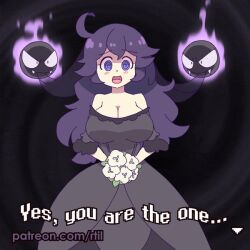 1girls animated big_breasts black_background bouncing_breasts breasts bride cleavage dialogue dress flowers gastly heart-shaped_pupils hex_maniac horny huge_breasts human long_hair looking_at_viewer nintendo no_bra off_shoulder pokémon_(species) pokemon purple_eyes purple_hair rtil smile wedding_dress wedding_veil