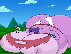 1boy1girl 2020s 2023 ass_bigger_than_head big_ass burgerkurger defeated_villainess dragon_girl exposed_nipples furry gourmage_vs_the_dragoness handcuffs horns huge_breasts hyper_ass hyper_breasts monster_girl mountains nipples pink_skin purple_eyes purple_hair size_difference sky small_tail standing_on_breasts tagme tongue_out white_panties