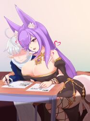 alphinaud_leveilleur big_breasts bigger_female blush blushing desk dirtykuro elezen elf elf_boy elf_ear elf_ears elf_male embarrassed eyeless eyeless_male final_fantasy final_fantasy_xiv fox_ear fox_ears fox_girl fox_tail foxgirl foxykuro heart hearts kuro_(foxykuro) large_breast large_breasts larger_female long_hair long_purple_hair pointy_ears purple_hair smaller_male studying white_hair