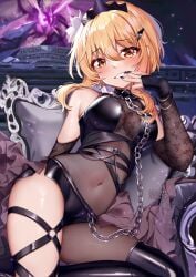 1girls artist_name bare_shoulders belly black_legwear black_nails black_panties blonde_hair bondage breasts chain_leash chains choker clothing eyebrows_visible_through_hair female female_focus female_only finger_on_lip flower_in_hair genshin_impact hair_ornament lace looking_at_viewer lumine_(genshin_impact) midriff nail_polish patreon_username sleeves smiling smug solo squchan thighs twitter_username watermark yellow_eyes zettai_ryouiki