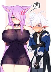 alphinaud_leveilleur anger anger_vein angry arms_crossed arms_crossed_under_breasts big_breasts bigger_female black_sweater blue_eyes blush blushing crossed_arms dirtykuro elezen elf elf_boy elf_ears elf_male final_fantasy final_fantasy_xiv fox_ear fox_ears fox_girl foxgirl foxykuro hair_covering_eye hair_covering_one_eye hair_over_one_eye kuro_(foxykuro) large_breast large_breasts larger_female long_hair long_purple_hair pointy_ears purple_hair smaller_male sweater sweater_only white_hair