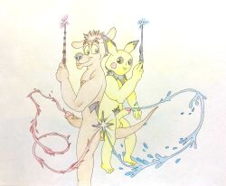 balls brown_body duo furry genitals giga_larry gunnar hi_res humanoid kangaroo macropod magic male male/male mammal marsupial nintendo nude penis pichu pokémon_(species) pokemon simple_background smile tail traditional_media_(artwork) vein veiny_penis video_games wand yellow_body