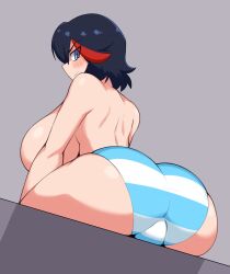 1girls ass ass_focus back back_view big_ass big_breasts black_hair blue_and_white_striped_panties blue_eyes blush blushing breasts canon_panties female female_only huge_ass huge_breasts kill_la_kill looking_at_viewer looking_back matoi_ryuuko notkadraw panties red_highlights shimapan solo topless topless_female