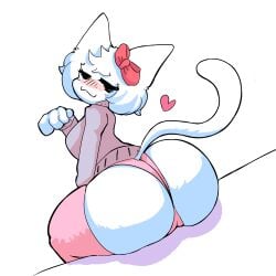 anthro ass ass_focus big_ass blush cat_ears cat_tail eyeless feline fur looking_back oc original original_character panties pussy soso soso_(sosohippus) sosohipus stockings sweater thick_thighs tight_pussy underwear white_fur