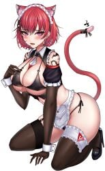 1girls alternate_costume animal_ears apron bangs between_breasts bikini black_legwear blush breasts cat_ears cat_tail earrings elbow_gloves extra_ears fangs female female_only garter_straps gloves hair_between_eyes high_heels highres janghwa_(cat_maid_style_swimsuit)_(last_origin) janghwa_(last_origin) jewelry jungtong last_origin light-skinned_female light_skin looking_at_viewer maid_bikini maid_headdress mole mole_under_eye necktie necktie_between_breasts official_alternate_costume open_mouth purple_eyes red_hair ribbon short_hair side-tie_bikini simple_background solo swimsuit tail tail_ornament tail_ribbon thighhighs waist_apron white_background wrist_cuffs