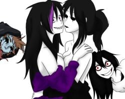 2boys 2girls black_eyes black_hair blue_skin breast_press breasts brown_hair creepypasta eyeless_jack female jane_the_killer jeff_the_killer long_hair looking_at_viewer male multiple_boys multiple_girls nina_the_killer purple_eyes red_eyes smile tongue tongue_out white_body white_skin