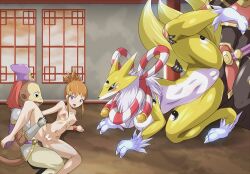 anthro bandai_namco blue_eyes blush breasts digimon digimon_(species) digiphilia female genitals group heigani human humanoid kyubimon makuramon male male/female mammal nude pussy rika_nonaka vajramon