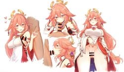 1boy animal_ears armpit_sex bangs bar_censor blush breasts censored detached_sleeves eyebrows_visible_through_hair fellatio female fox_ears genshin_impact hair_between_eyes heart highres japanese_clothes long_hair miko multiple_views oral parted_lips penis pink_hair purple_eyes pussy ribbon-trimmed_sleeves ribbon_trim saliva sbs simple_background solo_focus sweat tassel very_long_hair white_background wide_sleeves yae_miko