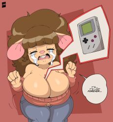 1girls anthro big_breasts boobs breasts brown_hair crying emma_martin female female_only gameboy inconvenient_breasts joaoppereiraus milf mouse oc original_character red_background shortstack tagme tears text text_bubble voluptuous white_skin