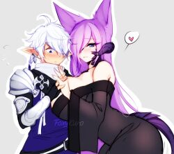 alphinaud_leveilleur au_ra big_breasts bigger_female blue_eyes blush blushing dirtykuro elezen elf elf_boy elf_ears elf_male final_fantasy final_fantasy_xiv fox fox_ear fox_ears fox_girl foxgirl foxykuro hair_covering_eye hair_covering_one_eye hair_over_one_eye hand_holding heart holding_hands kuro_(foxykuro) large_breast large_breasts larger_female long_hair long_purple_hair pointy_ears purple_eyes purple_hair size_difference smaller_male white_hair xaela