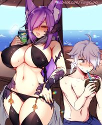 alphinaud_leveilleur beach big_breasts bigger_female bikini black_bikini black_swimsuit black_swimwear blue_eyes blush blushing coconut coconut_drink dirtykuro elezen elf elf_boy elf_ears elf_male final_fantasy final_fantasy_xiv fox fox_ear fox_ears fox_tail foxgirl foxykuro hair_covering_eye hair_covering_one_eye hair_over_one_eye kuro_(foxykuro) large_breast large_breasts larger_female long_hair long_purple_hair pointy_ears purple_hair shoreline size_difference smaller_male soda soda_can swimming_trunks swimsuit swimwear white_hair