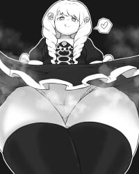 1girls :p breasts curvy female female_focus fire_emblem fire_emblem:_three_houses flayn_(fire_emblem) from_below garreg_mach_monastery_uniform giantess greyscale gtstamago heart heart-shaped_pupils licking_lips lifted_by_self looking_down medium_hair monochrome naughty_face nintendo panties skirt_lift small_breasts smile solo_focus steaming_body thick_thighs thighhighs upskirt voluptuous wide_hips