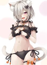 2022 artist_request bell belly_button black_collar black_lingerie bow cat_ears cat_girl cat_humanoid cat_lingerie cat_tail catgirl catgirls collar ear_fluff ear_tuft fangs hair_covering_eye hair_over_one_eye hairclip hasumi_(hasubatake39) lingerie medium_ass medium_breasts neko pink_eyes ribbon sharp_teeth shiny_skin short_hair small_waist thick_thighs white_background white_ears white_fur white_hair white_tail