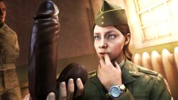 3d akatomasu blue_eyes brown_hair call_of_duty call_of_duty_ww2 clothes corporal_green dark-skinned_male dark_skin dildo interracial military sfm soldier