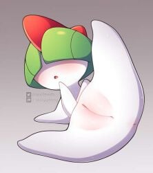 2_horns anus blush female female_only green_hair hair_over_eyes open_mouth pokemon pokemon_(species) presenting presenting_anus presenting_pussy pussy ralts seviyummy solo solo_focus spread_legs sweat white_body