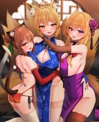 2022 3girls animal_ears artist_signature ass bikini blonde_hair blush breast_size_difference breasts brown_eyes brown_hair cat_ears cat_tail catgirl chen china_dress cleavage cleavage_cutout double_bun dress female female_only flower_hair_ornament fox_ears fox_girl fox_tail hair_bun hair_ornament hips huge_breasts indoors kitsune long_hair looking_at_viewer marota_(imyme_maro) multiple_tails naughty_face purple_eyes ran_yakumo slim_waist small_breasts thick_thighs thighs touhou wide_hips yellow_eyes yukari_yakumo