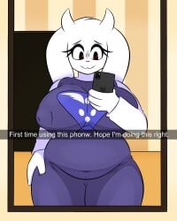 1girls 2d big_belly big_breasts breasts chubby english_text female female_only foxsuo mirror_selfie nipple_bulge phone snapchat solo tagme text toriel undertale undertale_(series)