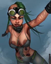 amputee apex_legends areolae big_breasts breasts falling flying gasolina_(switchlaid) genderbend goggles goggles_on_forehead goggles_on_head green green_hair mask mask_removed necklace necklace_between_breasts nipples octane_(apex_legends) original_character prosthetic prosthetic_legs prosthetic_limb rule_63 skydiving switchlaid