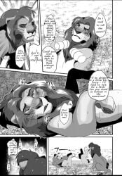 anatomically_correct anatomically_correct_genitalia animal_genitalia ass balls barely_visible_genitalia blush bodily_fluids comic dialogue disney duo embarrassed english_text felid feline feral fur genitals kovu lion male male/male mammal mane monochrome pantherine paws sasamaru simba text the_lion_king