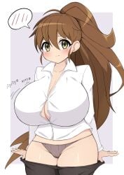 blush breasts brown_hair button_gap buttons female gigantic_breasts highres jaga334 long_hair panties ponytail simple_background skirt_pull smile solo taneshima_popura underwear undressing very_long_hair white_background working!! yellow_eyes