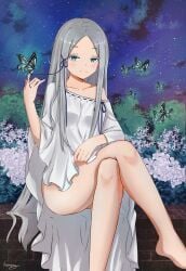 absurdres artist_name ass bare_shoulders blue_eyes blue_ribbon blush bottomless bug butterfly collarbone colored_eyelashes crossed_legs dress dress_lift female hair_ribbon highres humany long_hair looking_at_viewer no_panties pandora_(re:zero) petite pussy re:zero_kara_hajimeru_isekai_seikatsu ribbon ribbon_trim signature silver_hair sitting smile solo white_dress witch