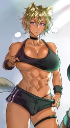 abs blonde_hair breath_clouds cat_ears cat_tail dark-skinned_female exercise_clothing leg_band muscular_female purple_eyes sweating tattoo thong_strap tomboy workout_clothes wristbands