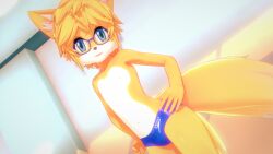 1boy 2_tails 3d animal_ears animal_nose fox_boy fox_ears fox_tail furry furry_male fusionxglave glasses highres looking_at_viewer male male_focus male_furry male_swimwear mikumikudance miles_prower multi_tail sassy smile sonic_(series) speedo speedo_(company) swim_briefs swimsuit swimwear tail tails tight_clothing two-tone_fur two-tone_hair