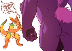 2022 anthro anthro_on_anthro ass backsack ball_size_difference balls big_balls big_butt big_muscles bodily_fluids canid canine canis claws dialogue dragon duo english_text flaccid foreskin fur genitals hi_res horn humanoid_genitalia humanoid_penis humor hybrid kobold male male/male mammal meme motion_lines muscular muscular_anthro muscular_male nude pawpads penis perineum salem_(thydris) scalie serex shaking simple_background size_difference standing tears text tuft url white_background wolf