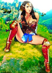 arm_bracers black_hair corset dc dc_comics dc_extended_universe gal_gadot knee_boots skirt spreading_legs tiara wonder_woman wonder_woman_(series)