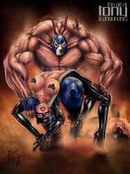 1boy 1girls abs arched_back backbreaker bane batman_(series) cat_tail catwoman closed_eyes dc dc_comics female gloves heel_boots latex_suit long_fingernails mask muscular_male open_jacket pasties peril ryona wrestling wrestlingryona