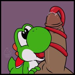 1:1 anthro balls big_penis bodily_fluids cum cum_on_tongue digital_drawing_(artwork) digital_media_(artwork) dinosaur duo erection genital_fluids genitals green_yoshi hi_res human humanoid_genitalia interspecies long_tongue male male/male male_only mammal mario_(series) muffinlewds nintendo nude open_mouth oral penile penis penis_tip prehensile_tongue reptile scalie sex simple_background smile solo_focus tongue tongue_around_penis tongue_out tonguejob video_games yoshi yoshi_(character)