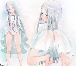 blue_eyes blue_ribbon blush bottomless clothing dress female female_focus flat_chest grey_hair hair_censor hair_ribbon long_hair multiple_views no_panties pandora_(re:zero) platinum_hair puwuni re:zero_kara_hajimeru_isekai_seikatsu ribbon see-through see-through_clothing simple_background solo solo_female very_long_hair witch