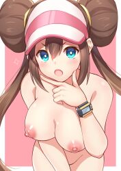 1girls areolae bangs big_breasts blue_eyes blush blushing bow breasts brown_hair casual chin_stroking close-up creatures_(company) double_bun electronics eyebrows_visible_through_hair female female_focus female_only game_freak hair_between_eyes hat highres hit_or_miss human human_focus human_only large_breasts leaning_forward long_hair looking_at_viewer meme nintendo nipples nude nude_female nude_filter open_mouth perky_breasts pink_background pokemon pokemon_(game) pokemon_bw2 pokemon_masters pokemon_masters_ex poketch rosa's_pose_analyzing rosa_(pokemon) shiyo_yoyoyo simple_background solo solo_female solo_focus third-party_edit twintails upper_body very_long_hair visor_cap watch wristwatch wristwear