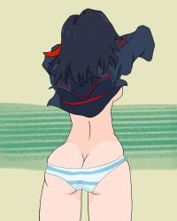 ass_cleavage black_hair butt_crack froglin kill_la_kill matoi_ryuuko meme partially_clothed ryukoredraw school_uniform schoolgirl shimapan striped_panties tagme undressing