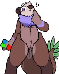 !! anthro blush brown_body brown_fur exclamation_point female fur furry furry_only genitals hi_res leaf lessy_blueberry low-angle_view lutrine mammal markings mustelid paint purple_body purple_eyes purple_fur pussy sea_otter solo standing tail trout_(artist)