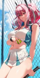 1girls arms_behind_back ass azur_lane ball bangs bare_shoulders blue_sky breath bremerton_(azur_lane) bremerton_(scorching-hot_training)_(azur_lane) chain-link_fence clothes_lift cloud collared_shirt commentary cowboy_shot crop_top crop_top_overhang day eyebrows_visible_through_hair female fence hair_between_eyes hair_ornament headgear heart heart_necklace highres holding holding_ball holding_racket jewelry leaning_back long_hair midriff multicolored_hair navel necklace open_mouth racket red_hair shirt skirt skirt_lift sky sleeveless sleeveless_shirt sportswear streaked_hair sweat tennis_ball tennis_racket tennis_uniform thick_thighs thighs twintails two-tone_shirt two-tone_skirt wristband x_hair_ornament yang-do yd_(orange_maru)