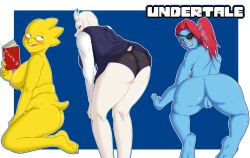 2d 3girls alphys anthro anthro_only ass bbw blue_skin breasts clothing female female_only fish_girl fish_humanoid furry furry_female goat_girl goat_humanoid humanoid lizard_girl lizard_humanoid panties pussy red_hair reptile reptile_humanoid toriel undertale undertale_(series) underwear undyne upskirt yellow_skin yomu