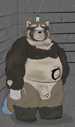 2022 anthro balls belly blush canid canine censored detailed_background flaccid genitals hi_res humanoid_genitalia humanoid_hands humanoid_penis kemono lifewonders live-a-hero male mammal moobs nipples outside overweight overweight_male penis raccoon_dog raio_owo sad shoen solo tanuki video_games