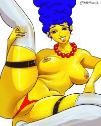 1girls artfoo_1 blue_hair long_hair looking_at_viewer marge_simpson mature_female medium_breasts milf mother panties partially_clothed seductive seductive_look seductive_smile solo spread_legs stockings the_simpsons white_background yellow_skin