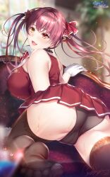 1girls ass_bigger_than_skirt cameltoe clothed couch hololive hololive_fantasy hololive_japan houshou_marine hozumi_kaoru huge_ass large_breasts miniskirt panties red_eyes red_hair sideboob smile sweat twintails virtual_youtuber