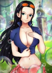 1girls big_breasts black_hair blue_eyes breasts bubbles cleavage eye_contact female female_focus female_only glasses glasses_on_head high_resolution hiyozuki huge_breasts long_hair looking_at_viewer nico_robin no_bra no_panties no_underwear one_piece revealing_clothes sabaody_archipelago smile solo undressing unzipping upper_body wide_hips