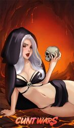 1girls bikini black_bikini cunt_wars female female_only goth hooded_cape long_hair navel old_bones red_eyes red_lipstick skull tagme underboob white_hair