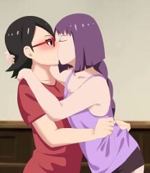 2girls black_hair blush boruto:_naruto_next_generations breasts cleavage closed_eyes female female/female female_only kakei_sumire kissing lickliking long_hair multiple_girls naruto naruto_(series) no_bra purple_hair sarada_uchiha shirt shirt_grab short_hair tank_top yuri