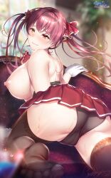 1girls ass_bigger_than_skirt cameltoe couch erect_nipples hololive hololive_fantasy hololive_japan houshou_marine hozumi_kaoru huge_ass large_breasts miniskirt panties red_eyes red_hair sideboob smile sweat topless twintails virtual_youtuber