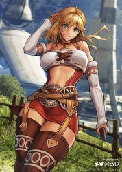 1girls blonde_hair breasts brown_stockings brown_thighhighs busty curvy detached_sleeves female female_only fiora_(xenoblade) green_eyes hand_in_hair hourglass_figure hybridmink large_breasts long_hair looking_at_viewer midriff nintendo orange_skirt skirt slim_waist smile smiling stockings thick_thighs thighhighs thighs wide_hips xenoblade_(series) xenoblade_chronicles