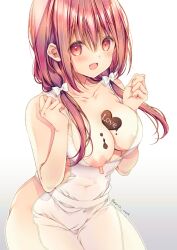 apron areola_slip areolae bare_shoulders blush breasts breasts_out chocolate chocolate_on_breasts cleavage collarbone covered_nipples ear_focus female hinako_note long_hair long_nipples looking_at_viewer looking_to_the_side march-bunny naked_apron nipple_slip nipples open_mouth puffy_nipples red_eyes red_hair sakuragi_hinako simple_background sleeveless smile twintails twitter_username white_background wrinkled_fabric