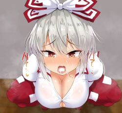 bangs blurry blurry_background blush bow breasts button_gap cleavage cum cum_in_mouth facial female from_above fujiwara_no_mokou full-face_blush furrowed_brow hair_ribbon hairbow halcachanel haruka_(haruka_channel) highres indoors juliet_sleeves large_breasts long_hair long_sleeves looking_at_viewer open_mouth pants puffy_sleeves red_pants ribbon shirt silver_hair solo squatting tearing_up teeth tongue touhou tress_ribbon tsurime wall white_bow white_shirt wooden_floor